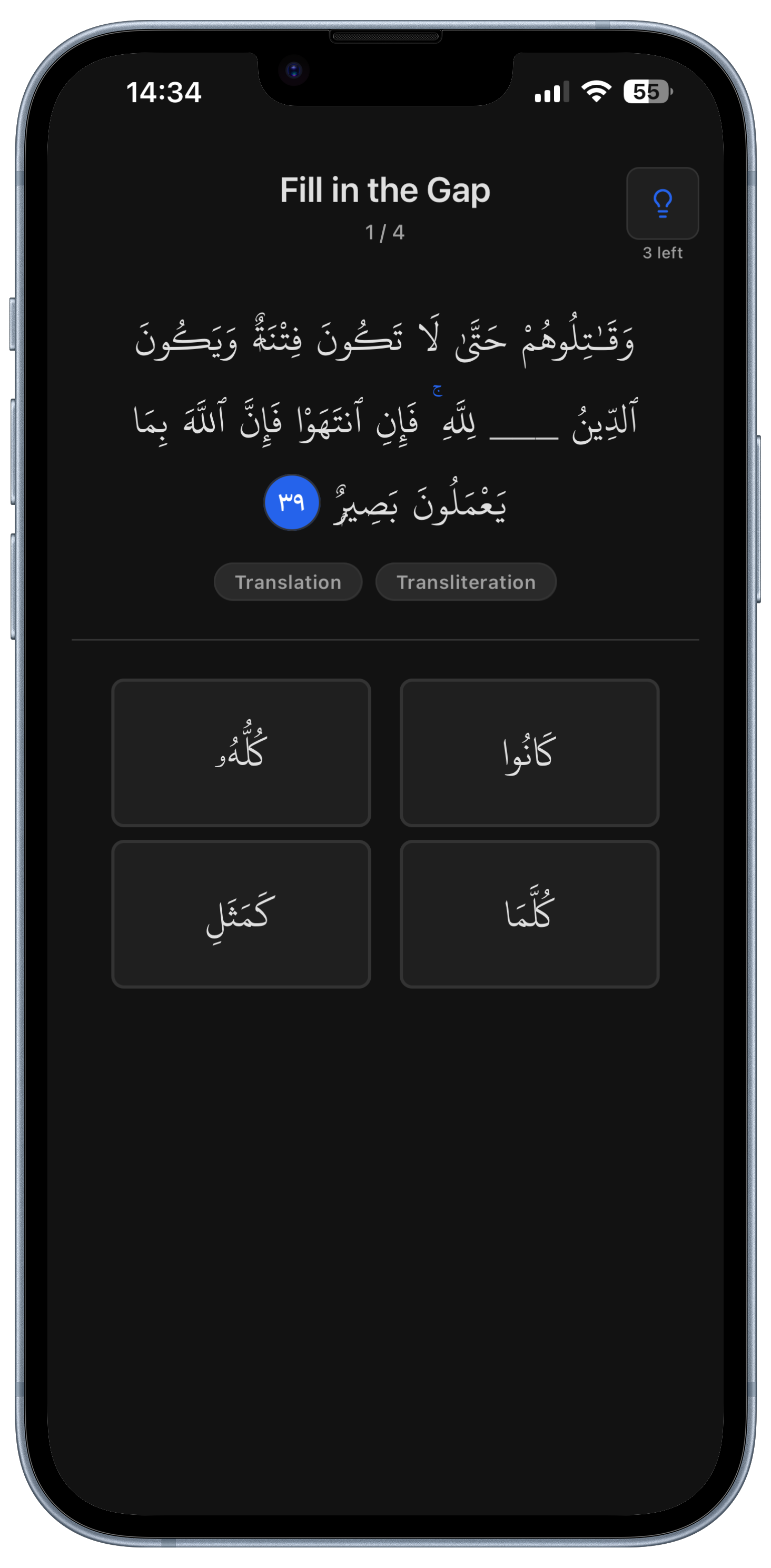 QuranMind dark lesson screen